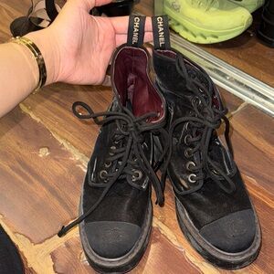 CHANEL Black Lace-Up Ankle Boots with Red Interior